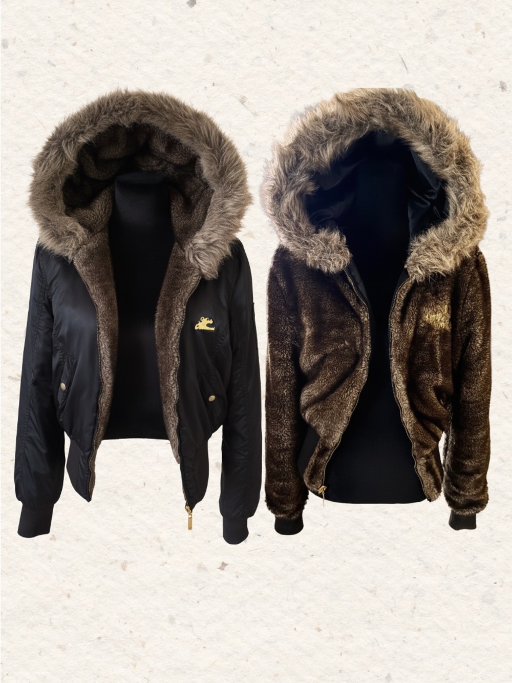 Rare Vtg Apple Bottoms Reversible Faux Fur Hooded Bomber Jacket M/L Black Satin